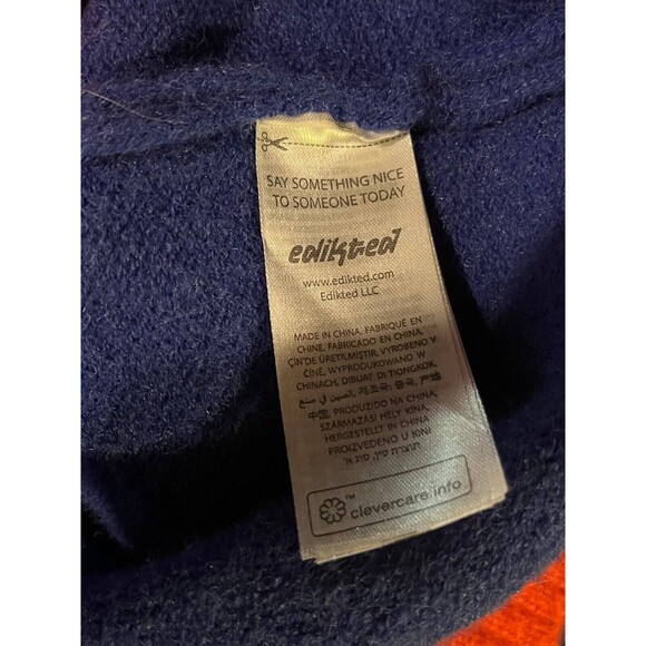 Edikted Cardigan Sweater Women’s M/L Blue‎ Tight Knit Logo Graphic Long Sleeve - Picture 5 of 5